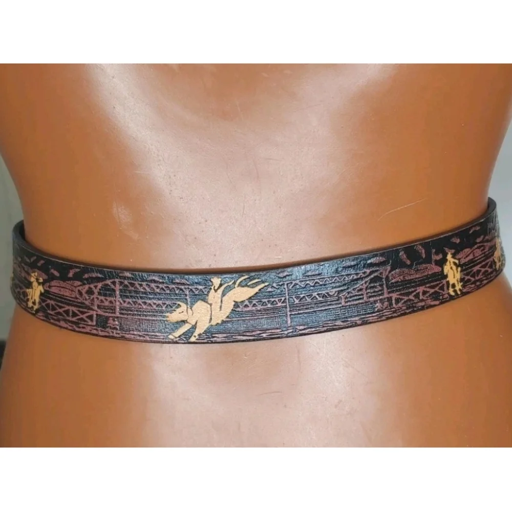 Nocona Rodeo Western Tooled Leather Belt Boys Sz 26 Silver Gold Bullrider Buckle
